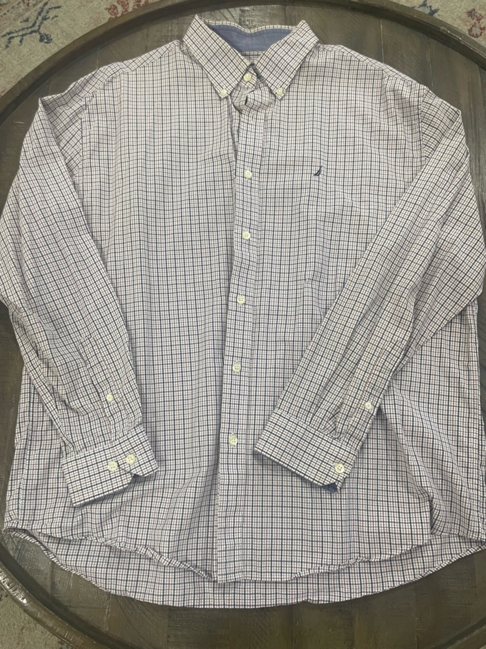 Nautica Men's Long-Sleeve Blue and White Check Button-Down Shirt